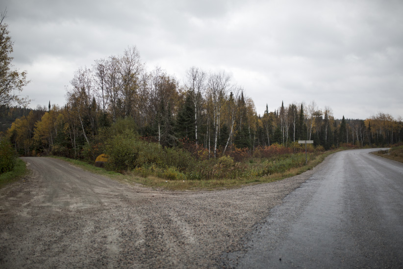 Jones Road, the winding route to Grassy Narrows, Ontario, with the Lount Lake Road turn on the left. (Photograph by Nick Iwanyshyn)